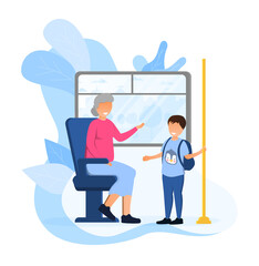 Little polite boy gave an elderly woman his seat in bus. Retired old woman thanks kind kid. Concept of kids with good manners. Flat cartoon vector illustration