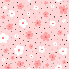 Cute seamless pattern with scattered flowers and small dots. Simple vector illustration.