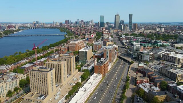 Boston Commonwealth Avenue and Charles River aerial view with Back Bay modern skyline at the background, Massachusetts MA, USA.  