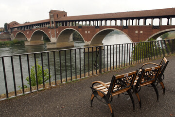 Fototapeta na wymiar Pavia (Italy). Ponte Coperto (also called Ponte Vecchio) on the Ticino river in the city of Pavia