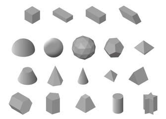 Set of isometric basic 3d shapes. Gray geometric solids isolated on white background. Vector illustration 