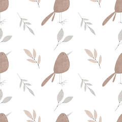 Pastel seamless pattern with leaves and cute bird in Scandinavian style for fabrics, paper, textile, gift wrap isolated on white background