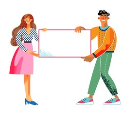 Girl and man holding blank placard. Activist woman and guy protesting together with poster vector illustration. Young happy people holding paper banner on white background
