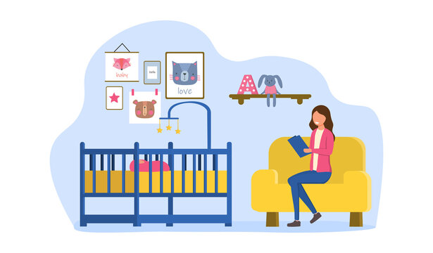 Female babysitter sitting in armchair reading book for baby. Baby sleeping while woman reading nearby. Concept of night babysitting and baby care while parents away. Flat cartoon vector illustration