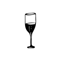 Glass, wine glass. The graphic element is drawn in the style of doodle, vector illustration. For the design of cards, labels