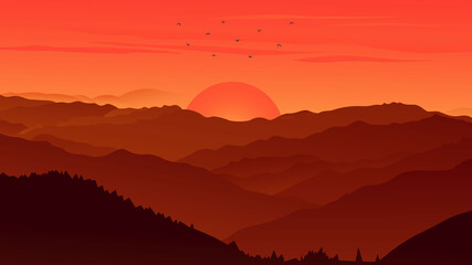 sunset over the mountains - Vector Landscape - Vector Art