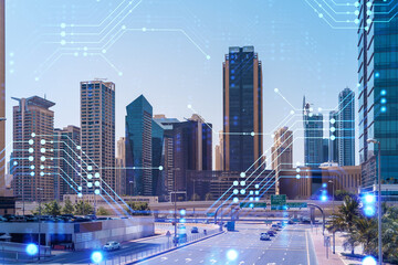 Cityscape skyscrapers of downtown, UAE. Modern skyline of the capital of the Emirate of Dubai. Tech in transport concept. Double exposure.