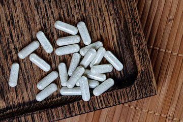 close-up of kelp (natural iodine) capsules. dietary concept. dietary supplement topview.