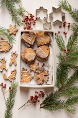 christmas ginger bread cookies, edible christmas tree decoration on white background