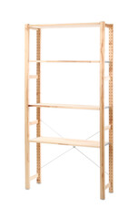 Empty wooden shelving unit isolated on white