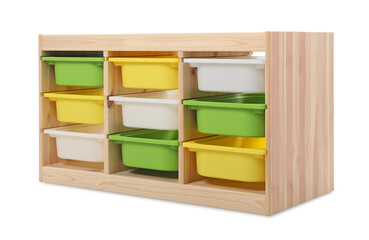 Empty wooden shelving unit isolated on white