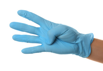 Person in blue latex gloves showing number four against white background, closeup on hand