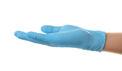 Person in blue latex gloves holding something against white background, closeup on hand