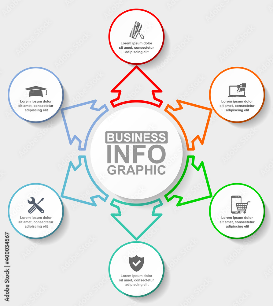 Aufkleber business infographic vector template with 6 options, flat design educational diagram for presentatio
