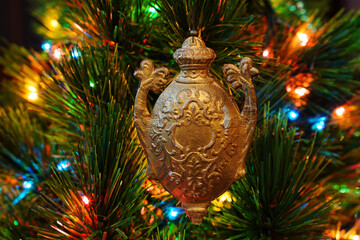 Gold amphora. Vintage Christmas ornament. Antiques DRESDEN Cardboard.