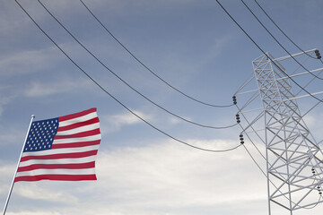 Electricity consumption and production in countries with the flag of United States of America 3D render..