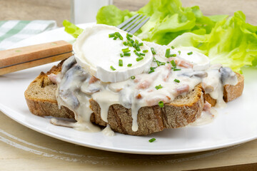 tartine de pain aux champignons, lardons et fromage de chèvre