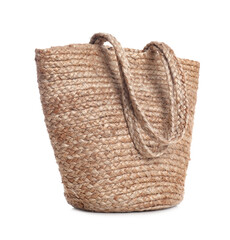 Stylish straw bag on white background. Summer accessory