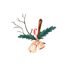 Watercolor Christmas floral bouquet. Botanical plant, dry branch, cinnamon, golden bells, candy cane. Holiday nature eco arrangement for wedding invitations, postcard,florist shop logo, festive prints