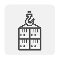 Box package, cargo, parcel or goods vector icon. Include crane hook, wire, steel rope or cable. Industrial shipping logistics and lift, move, unload, transport in port, store, warehouse and factory.