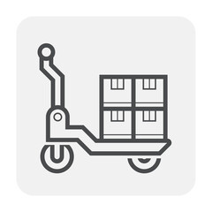 Pallet jack or pallet truck vector icon. Include goods, parcel, cargo or box packaging. Tool for industrial shipping logistics by lift, move, unloading or handling pallet in store, warehouse, factory.