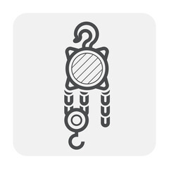 Manual chain hoist or steel chain block hoist vector icon. Lifting equipment include pulley, hook, lever, trolley, mechanical for factory, construction site, garage, workshop, warehouse and dock.