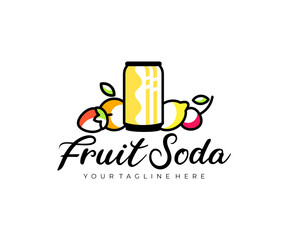 Can of fruit soda, fruit, strawberry, orange, lemon and cherry, logo design. Drink, food, fruit juice and soft drink, vector design and illustration