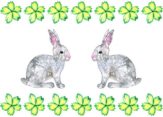 Easter greeting card. Cute watercolor bunnies and green flowers
