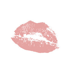 Beautiful realistic pink lips kiss isolated on white background. Lipstick vector mark.