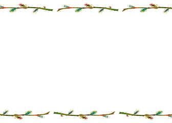 Watercolor spring frame. Willow branches. Greeting card design.
