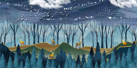 Papier peint mural d& 39 art moderne 3D avec Jungle bleu foncé, fond de forêt. cerf d& 39 or, arbre de noël, montagnes, nuages avec oiseaux blancs. Convient pour une utilisation comme cadre sur les murs.