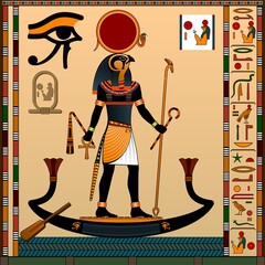 Religion of Ancient Egypt. Ra is the ancient Egyptian God of the sun. Ra in the solar bark. Vector illustration.