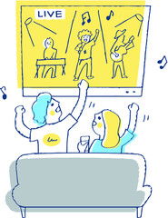 部屋でライブ配信を楽しむ男女