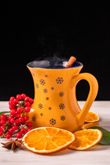 German tradition winter Christmas market new year holidays festival drink tea Gluhwein Mulled sweet hot warm red Wine with spices citrus aromatic cinnamon star anise