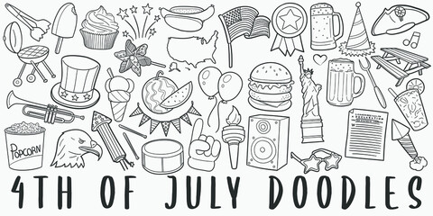 4th July, doodle icon set. USA Style Vector illustration collection. America Banner Hand drawn Line art style. © josepperianes