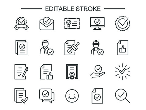 Approve editable stroke icons set Checklist, Award medal document Accepted Confirm mail Guarantee Check mark list Correct agreement accredited authorized Customs Seal stamp approved like 