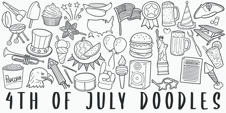4th July, doodle icon set. USA Style Vector illustration collection. America Banner Hand drawn Line art style.