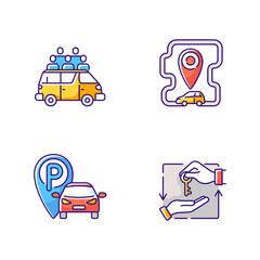 Fototapeta premium Car sharing and rental service RGB color icons set. Share taxi services for many people. Roundtrip carsharing facility. Isolated vector illustrations
