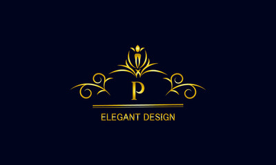 Golden monogram on a black background with the letter P. Graceful logo with the initial. Universal emblem, symbol of restaurant, business, greeting cards, invitations.