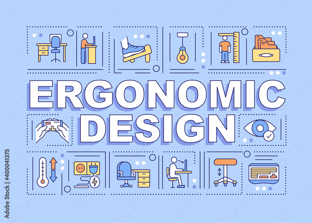 Fototapete Ergonomic design word concepts banner. Product creation for better usability. Infographics with linear icons on blue background. Isolated typography. Vector outline RGB color illustration