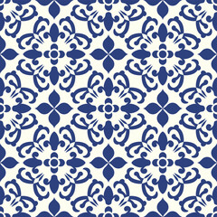 Vector ornamental seamless pattern in old ceramic azulejo style. Traditional oriental texture - obrazy, fototapety, plakaty