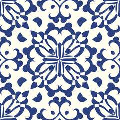 Vector ornamental seamless pattern in old ceramic azulejo style. Traditional oriental texture