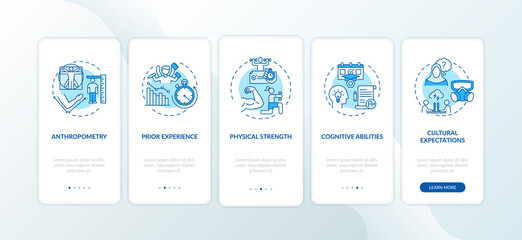 Human factors in ergonomics onboarding mobile app page screen with concepts. prior experience, brain abilities walkthrough 5 steps graphic instructions. UI vector template with RGB color illustrations