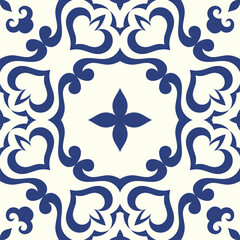Portuguese azulejo tile texture. Blue and white gorgeous seamless patterns.