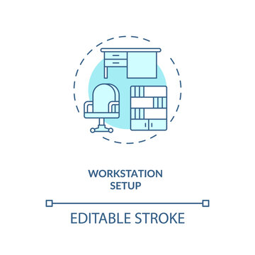 Workstation Setup Concept Icon. Workplace Design Idea Thin Line Illustration. Office Ergonomics. Computer Monitor At Eye Level. Vector Isolated Outline RGB Color Drawing. Editable Stroke