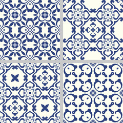 Set of Indigo blue flower azulejos lisbon patterns. Floor tile oriental spain collection seamless textures. Portugal geometric ceramics. Vector arabesque Textures