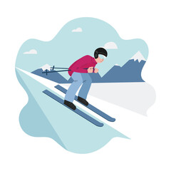 Banner of winter sport - mountain skiing, a man on skis rushes down the slope. Man on the background of silhouettes of mountains. Vector illustrations in flat style - pink, blue, white colors