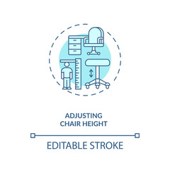 Adjusting chair height concept icon. Office ergonomics tip idea thin line illustration. Comfortable seating position. Seat height lever. Vector isolated outline RGB color drawing. Editable stroke