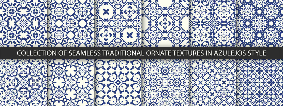 Set of Indigo blue flower azulejos lisbon patterns. Floor tile oriental spain collection seamless textures. Portugal geometric ceramics. Vector arabesque Textures