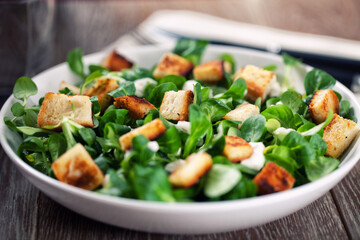 Delicious caesar salad with homemade croutons and dressing.